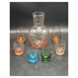 Colorful cordial etched shot glasses & 6' carafe