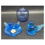 Blue glass apple & signed bird paper weights,
