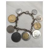 Silver charm bracelet coins bracelet marked 925
