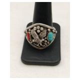 Silver mans turquoise eagle ring marked Sterling