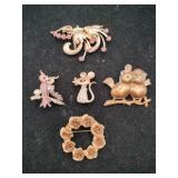 Goldtone bird mouse owl brooches