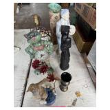 Various statues, vases, cat clock, old hand