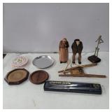 Carved wood figures, coasters, and more