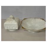 Milk glass dishes covered and uncovered w/gold