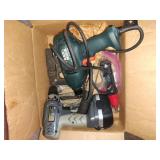 Box of assorted tools including power drills,
