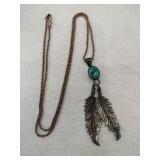 Silver gold tone chain feathered turquoise