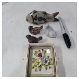 Small porcelain flower picture fish, and 3 bird