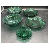 Emerald green glass dish and Blenko hand-blown