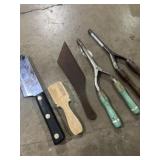 2 old curling irons small butcher, knife, and