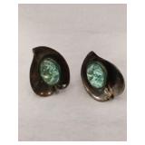Silver leaf shape greenstone screw back earrings