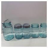 5 Blue glass ball jars 1 quart and 4 pints 2 zinc