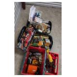 4 Totes & Crate W/ Contents Tools, Compressor,