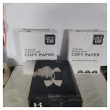 2 things of copy paper and shoe box of stencils
