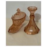 Hobnail pink glass shoe dish & Fostoria Virginia