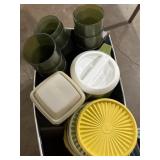 Mix of kitchen, green tumblers, Tupperware, & more