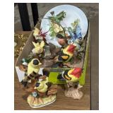 Variety of ceramic bird figures, plate, mostly