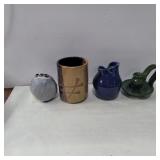 Hand made signed pottery vases, mug, and candle
