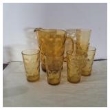 Hazel atlas Amber glass pitcher with 6 matching