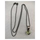 Silver bead necklace greenstone pendant marked