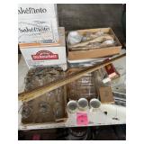 Old advertising yardsticks, barware, wood and
