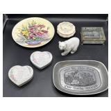 Marked pewter tray, heart-shaped trinket boxes,