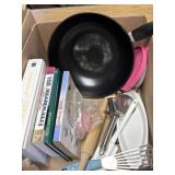 Kitchen tools, cooking books, Tupperware lids,