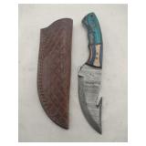 Damascus style gut hook skinner Knife w/ sheath