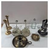 Brass candle holder, soap dish, toothbrush, brass