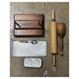 Wooden kitchen items, rolling pin, napkin holder,