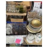 Different styles glassware, vintage dinnerware,