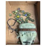 green suede fringe pouch with vintage marbles