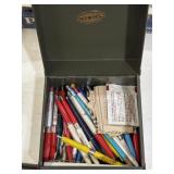 Metal card box filled with vintage advertising