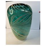teal hand-blown art glass vase 15 inches tall