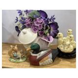 Duck bank, Lefton figure, faux flowers in