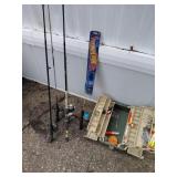 5 FISHING POLES AND A TACKLE BOX FULL