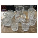 Clear pressed cut glass carafe, tumblers, creamer