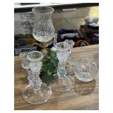Clear glass candle holders, bell, votives, brass
