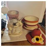 3 planters and birdhouse