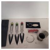 Throwing knives, 2 pocket knives, and metal