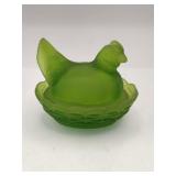 Small green  resting hen 3.5" wide
