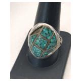 southern style turquoise chip inlay ring unmarked