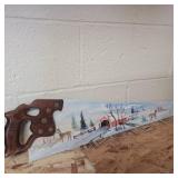 Double sided hand painted saw 28in with handle