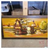 Lighted Ashbrook ship painting signed 43in x