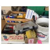 Mix of tools and hardware, sponges, rope,