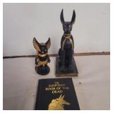 Egyptian statues and book 6in and 9in tall