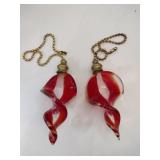 Pair of red / white twisted art glass pull chain