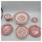 Red transferred bowls, plates, sugar,  and lid