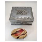 Silvertone trinket box and bird box
