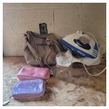 Oreck iron, purse, storage bags, and glass jar