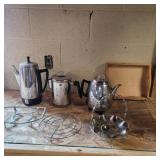 Coffee pots, trivets and wood tray